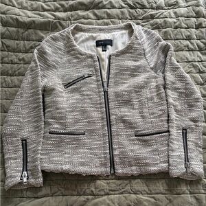 Mango Light Gray Tweed Blazer with Zipper Accents